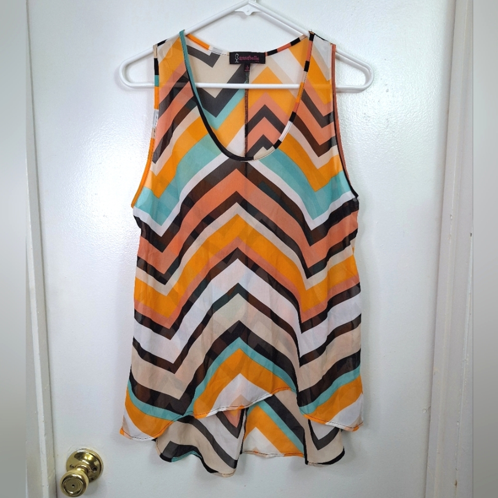Annabelle Chevron Stripe Sleeveless Sheer Top Beach Cover Up Retro Multicolor